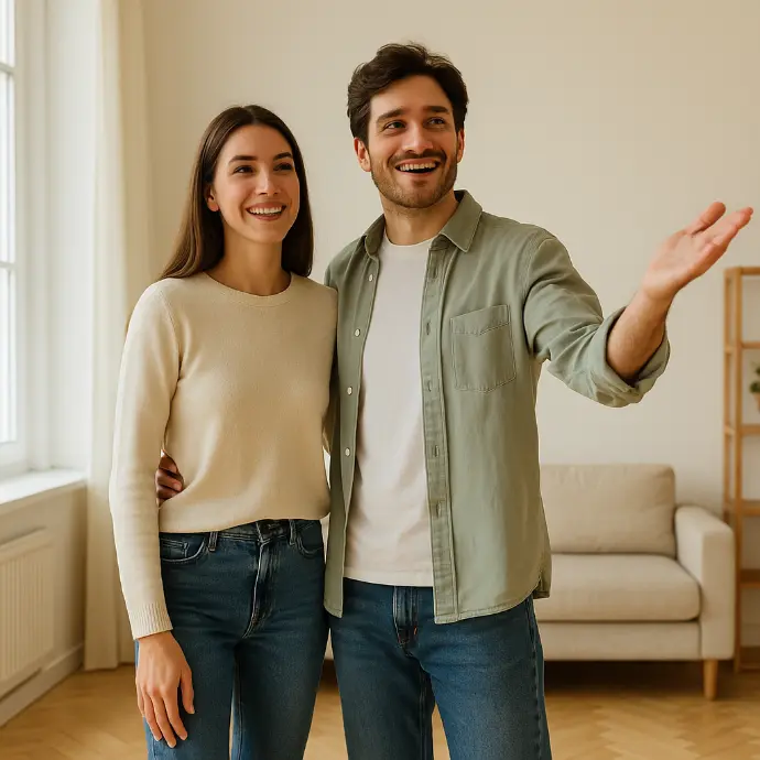 Photo d’un jeune couple français souriant dans un appartement rénové et lumineux, représentant la sérénité et la réussite grâce à la méthode VIDA.