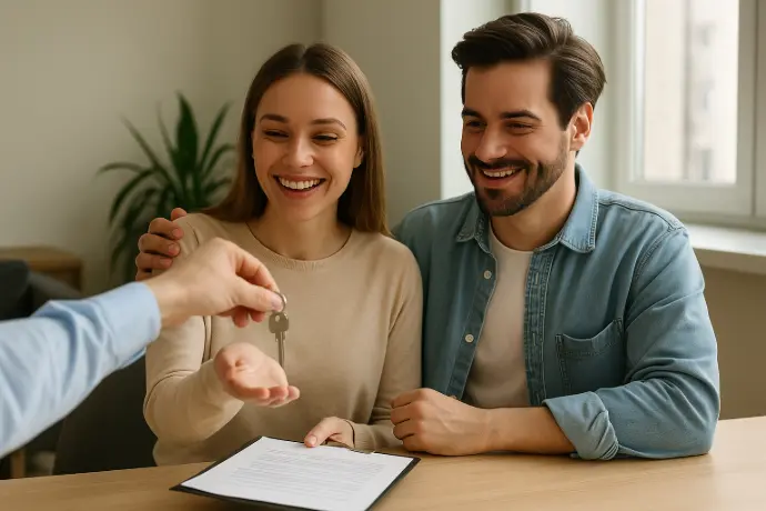 Jeune couple souriant rencontrant un agent immobilier dans un appartement lumineux, symbolisant la fin de la location et le début d’un achat serein grâce à la Méthode VIDA.