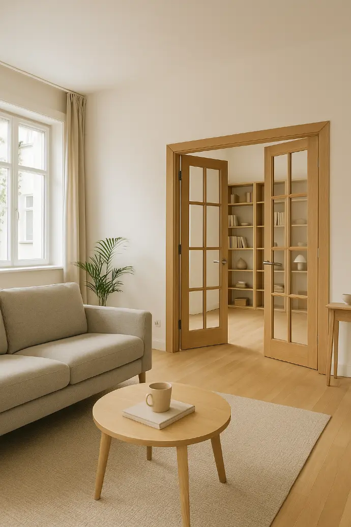 Intérieur moderne et lumineux d’un appartement récemment rénové, sans personne, avec menuiseries intérieures élégantes, parquet, murs clairs et mobilier contemporain.